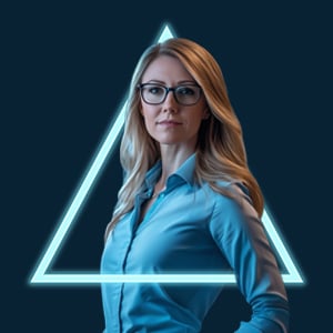 Professional woman with glasses standing confidently against a dark background with a glowing triangular frame