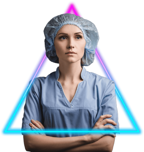 Confident female medical professional in scrubs and a surgical cap, framed by a neon triangle, symbolizing modern healthcare and innovation