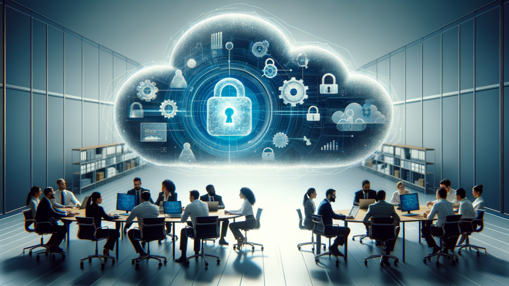 Feature image: A group of professionals seated around tables in a modern office setting, working on laptops and computers. Above them is a large digital cloud icon with a lock symbol, representing cloud security and data protection.